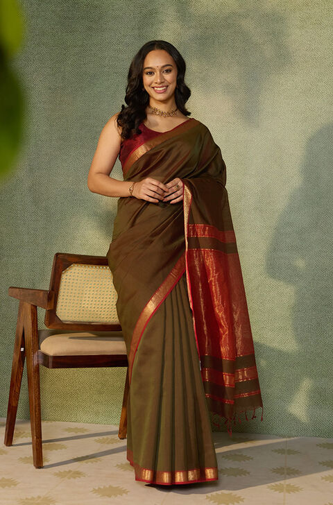 Dark Green Woven Pure Silk Cotton Maheshwari Saree