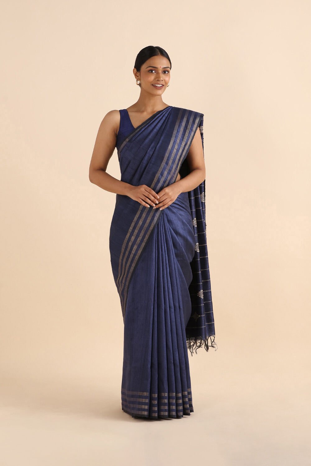 Dark Blue Pure Tussar Silk Bhagalpuri Saree image number null