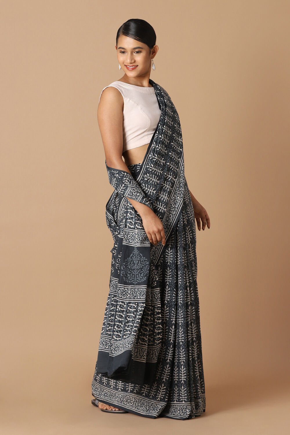 Black Pure Cotton Block Printed Saree image number null