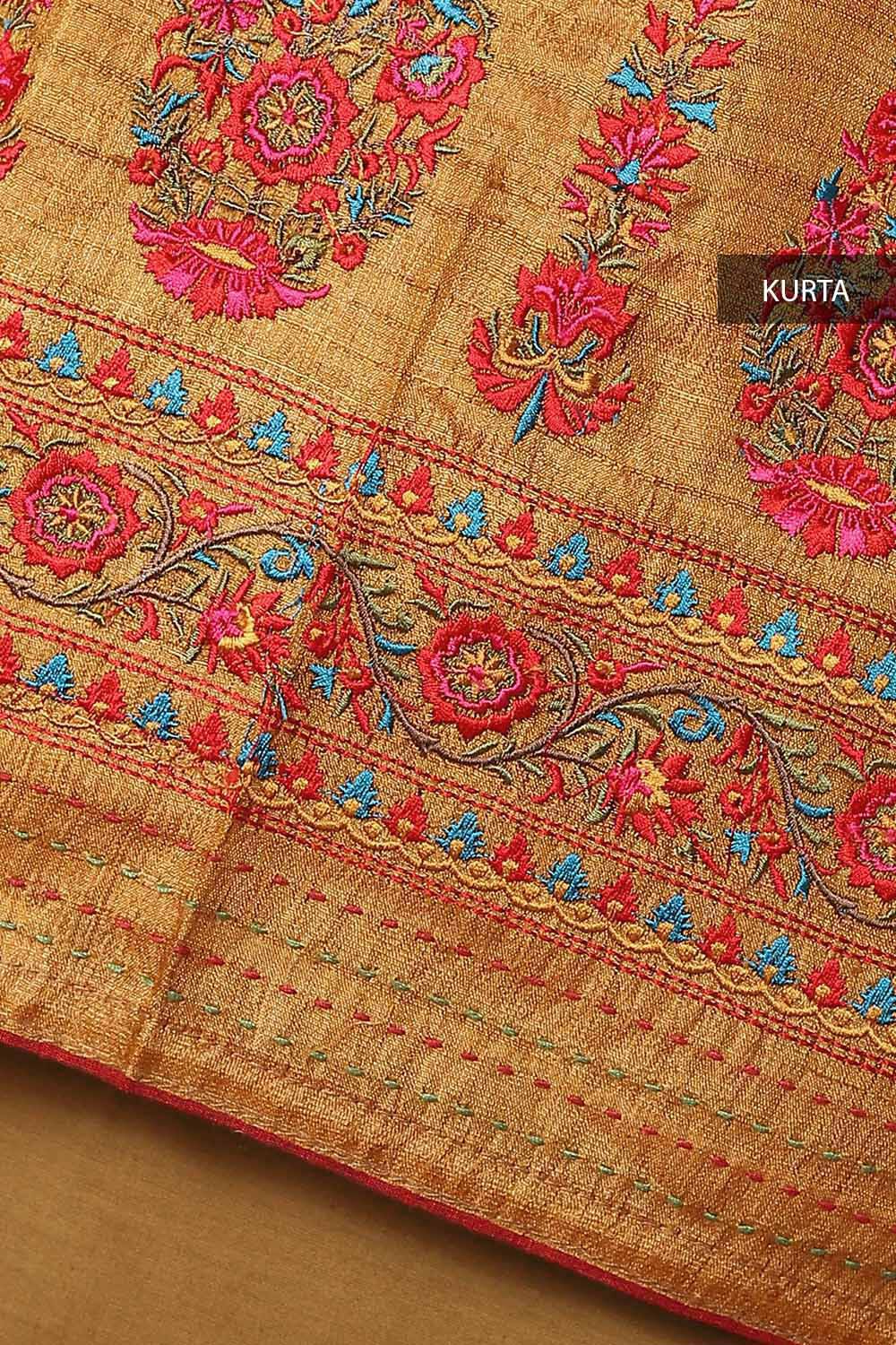 Light Orange Tussar Embroidered Unstitched Suit Set image number null