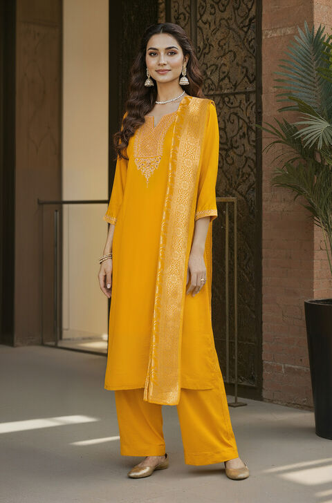 Dark Yellow Viscose Embroidered Kurta Set