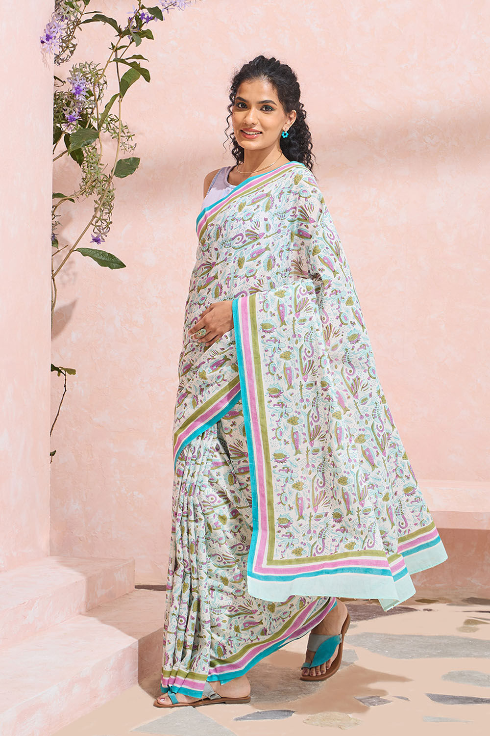 Off White Rajasthan Pure Cotton Printed Sanganeri Saree image number null