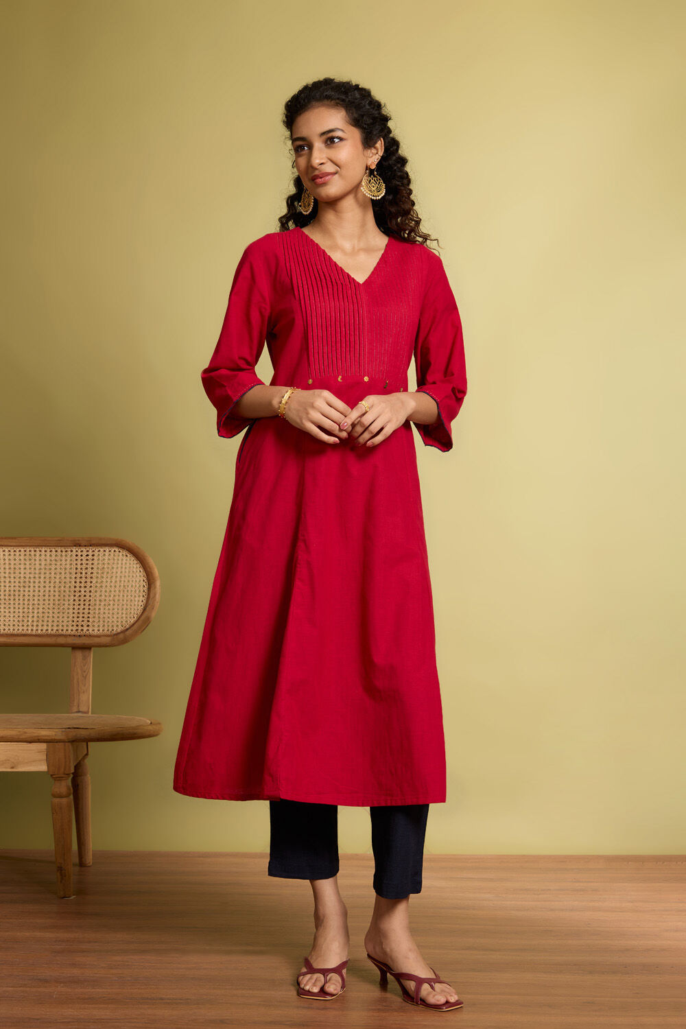 Red Woven Pure Cotton Kurta image number null