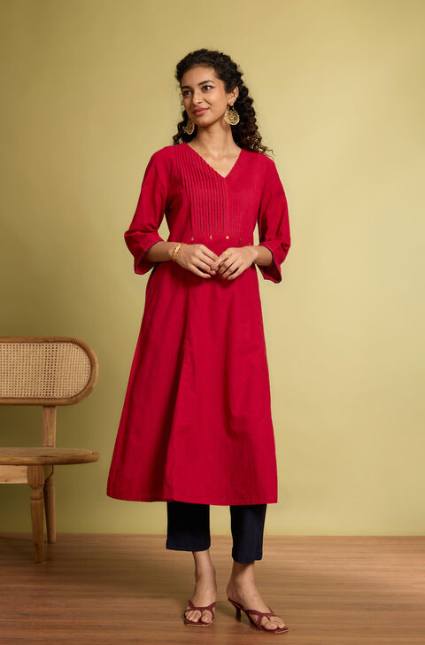 Red Woven Pure Cotton Kurta