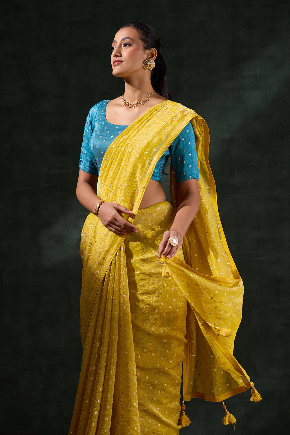 Yellow Woven Viscose Tissue Saree image number null