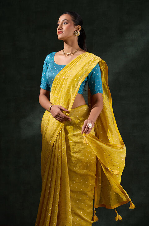 Yellow Woven Viscose Tissue Saree