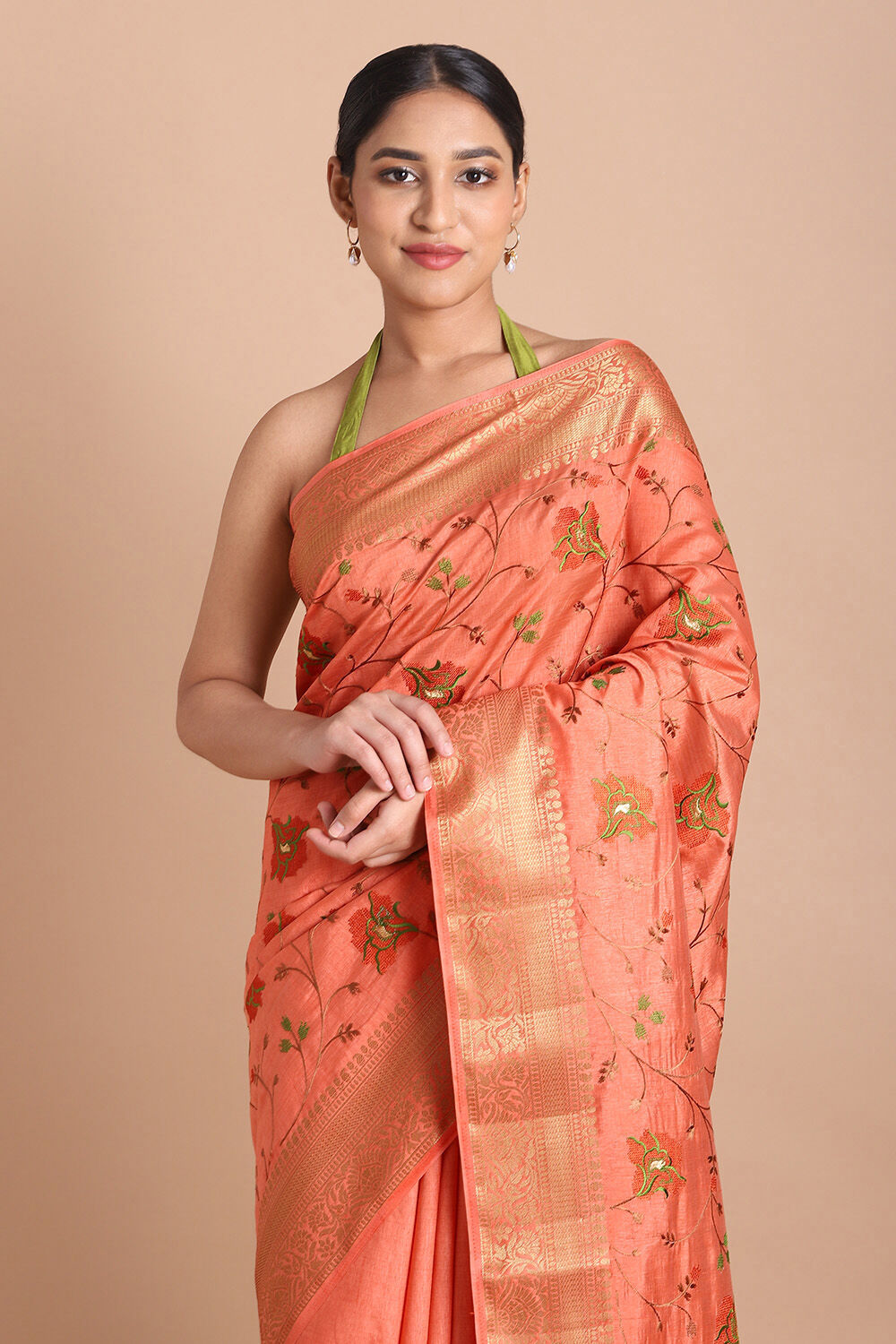 Light Pure Orange Embroidered Saree image number null