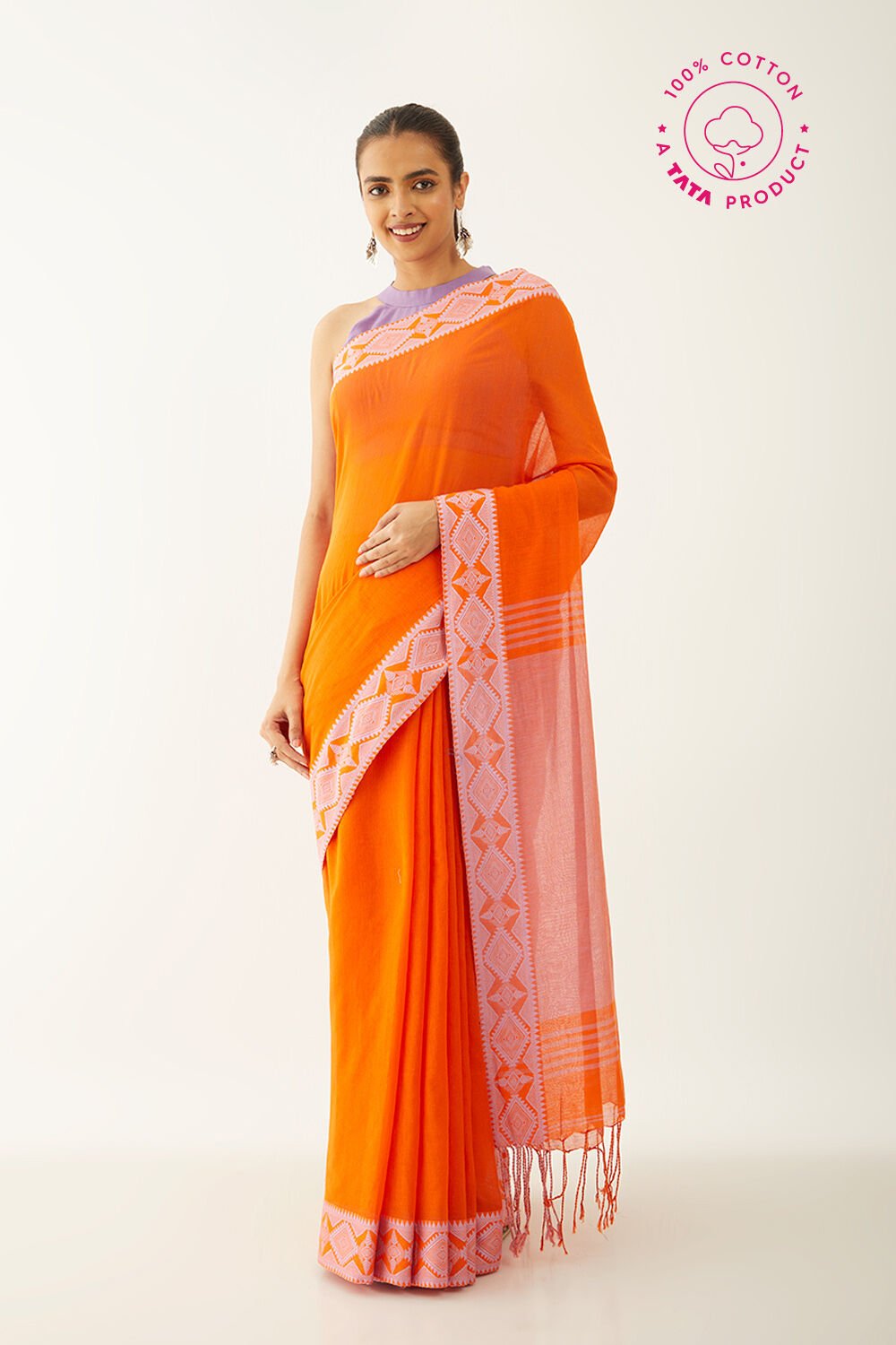 Orange Pure Cotton Woven Design Bengali Saree image number null