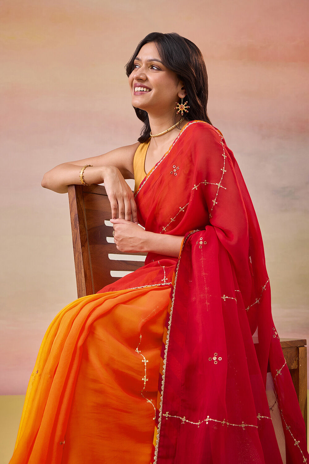 Orange Viscose Organza Embroidered Saree image number null
