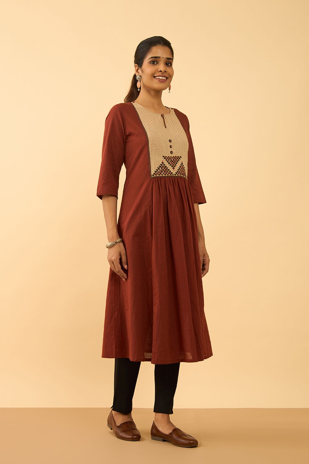 Dark Red Block Printed Pure Cotton Kurta image number null