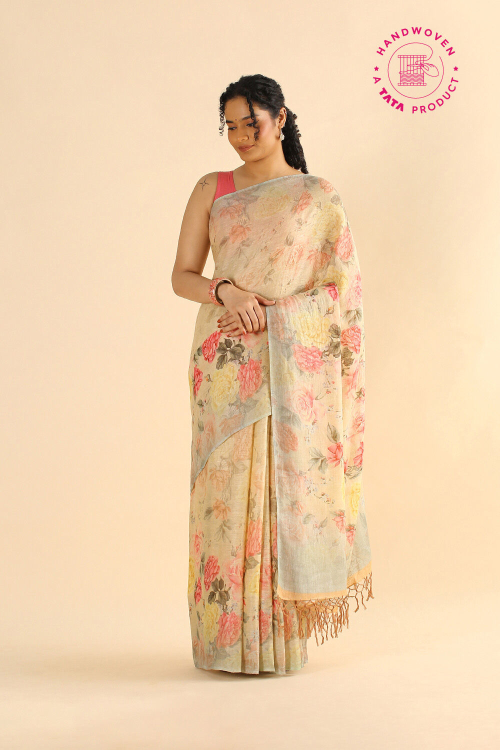 Beige Pure Linen Digital Printed Saree image number null