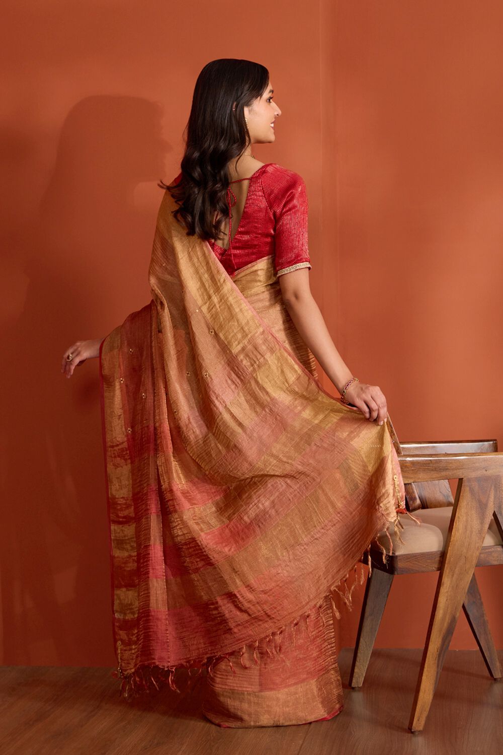 Dark Orange Pure Silk Tissue Embroidered Saree image number null