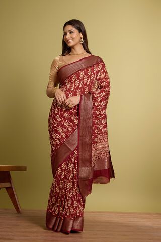 Dark Red Rajasthan Block Printed Pure Silk Cotton Saree image number