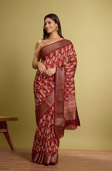 Dark Red Rajasthan Block Printed Pure Silk Cotton Saree