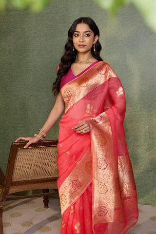 Light Pink Pure Silk Organza Kadwa Banarasi Saree image number