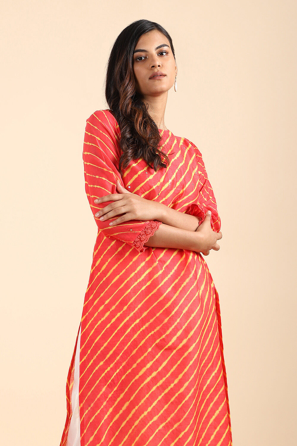 Dark Pink Silk cotton Tie and Dye Leheriya Kurta image number null