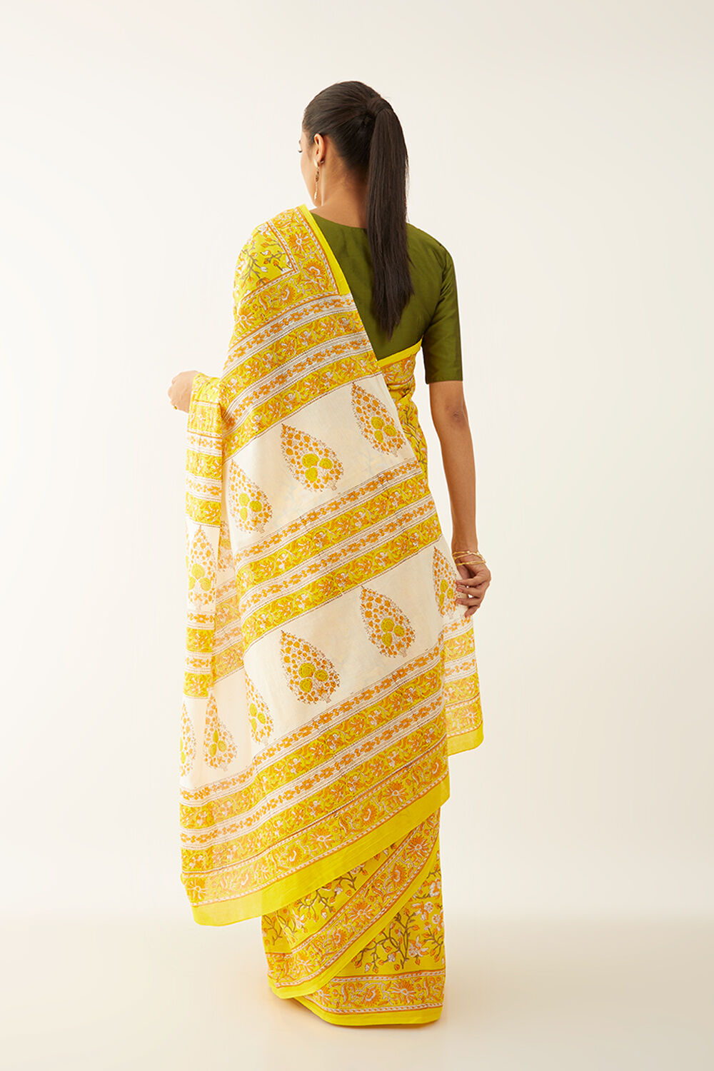Yellow Pure Cotton Block Print Saree image number null