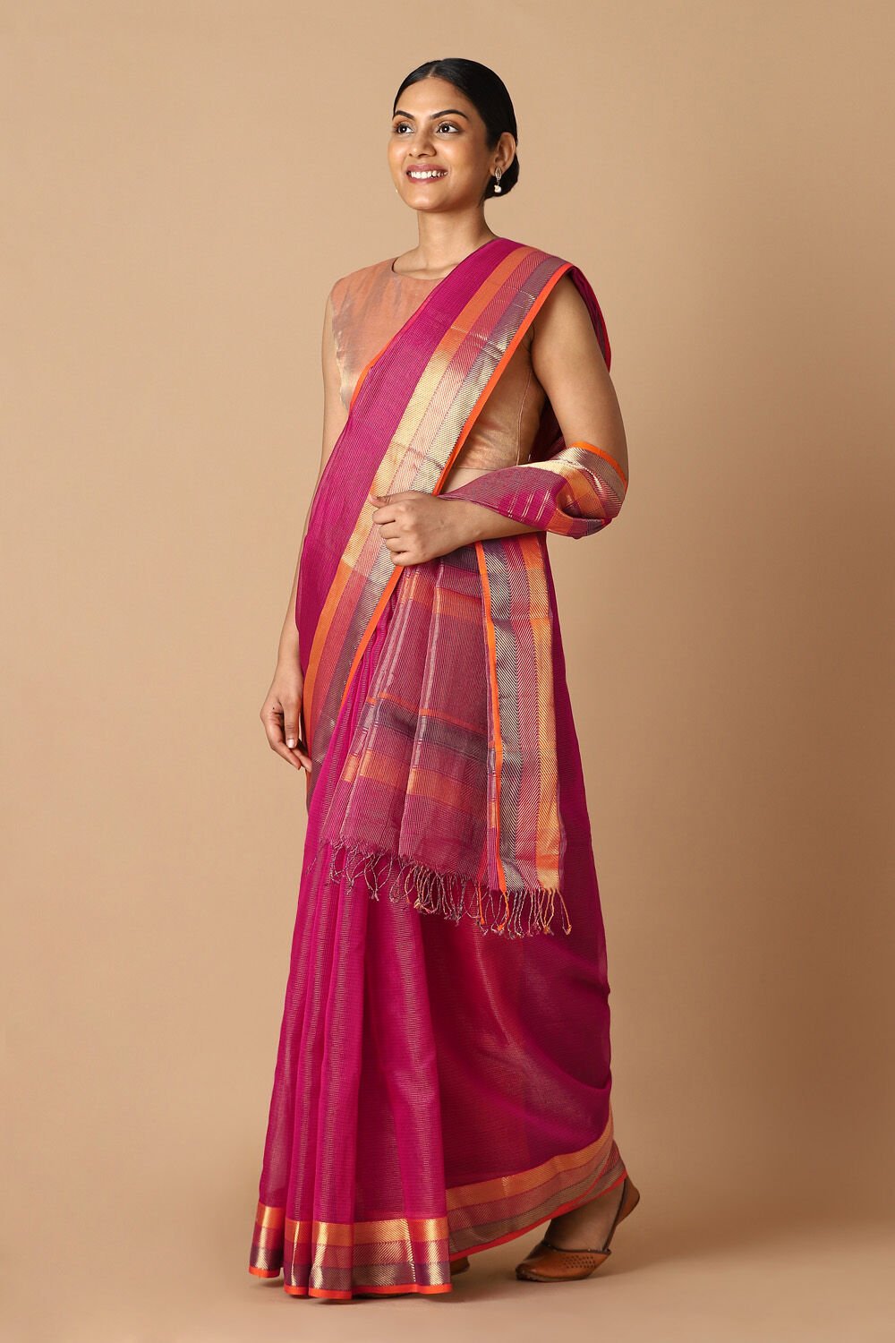 Dark Pink Pure Cotton Tissue Maheswari Saree image number null