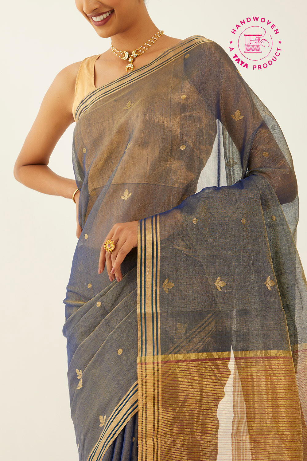 Blue Pure Cotton Tissue Chanderi Saree image number null