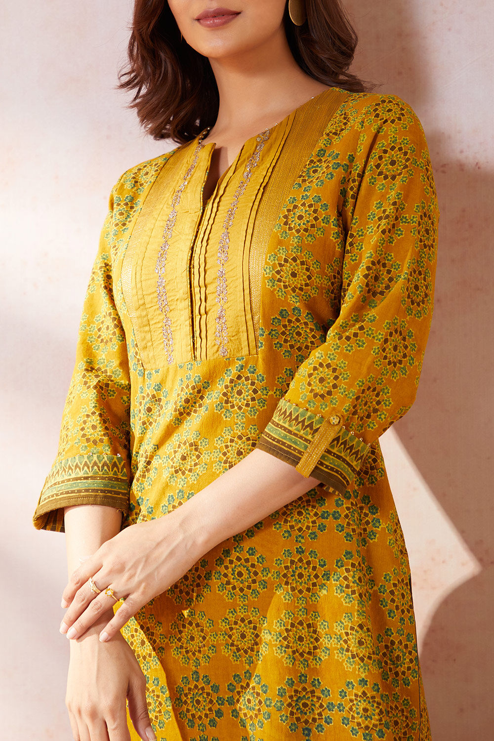 Yellow Pure Cotton Ajrakh Bandhani Kurta image number null