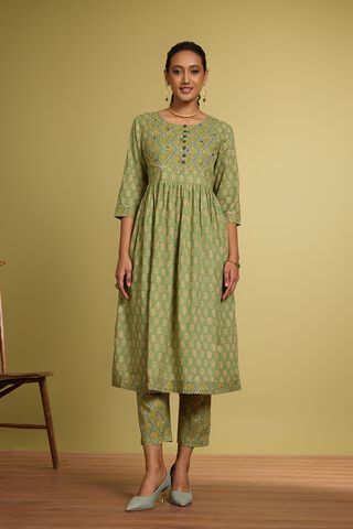 Green Screen Printed Pure Cotton Kurta Set thumbnail image number null