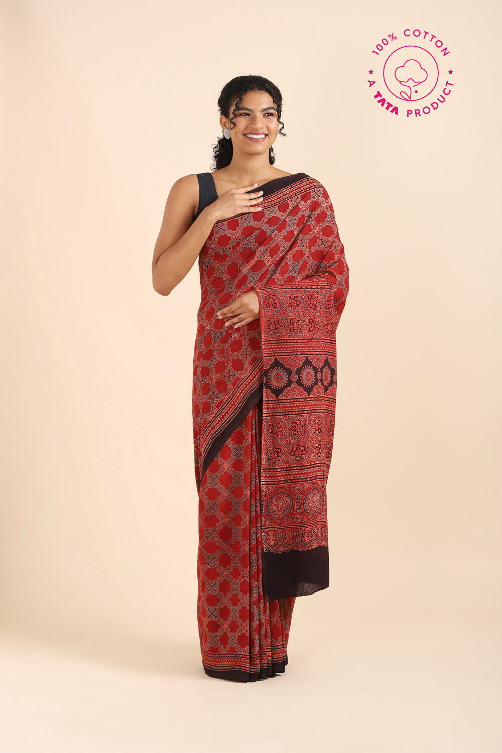 Red Pure Cotton Ajrakh Printed Saree image number null