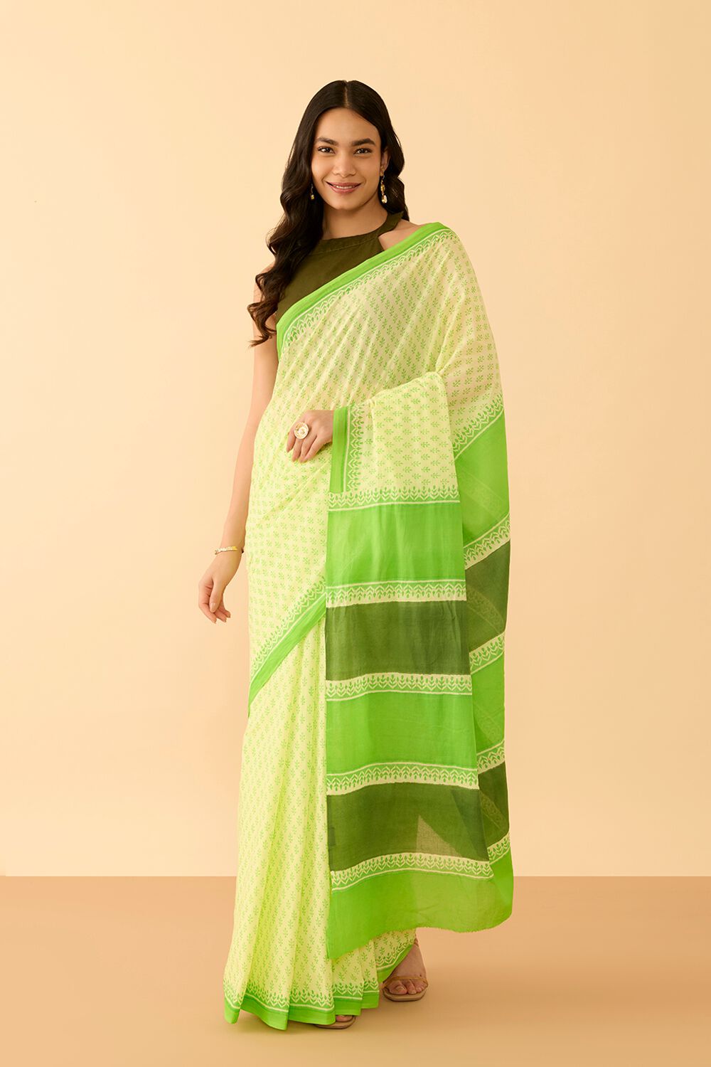 Light Green Bengal Pure Cotton Mulmul Block Printed Saree image number null