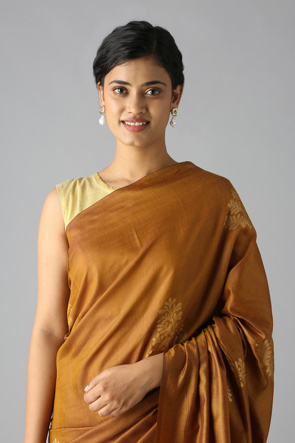 Brown Pure Silk Tencel South Saree image number null