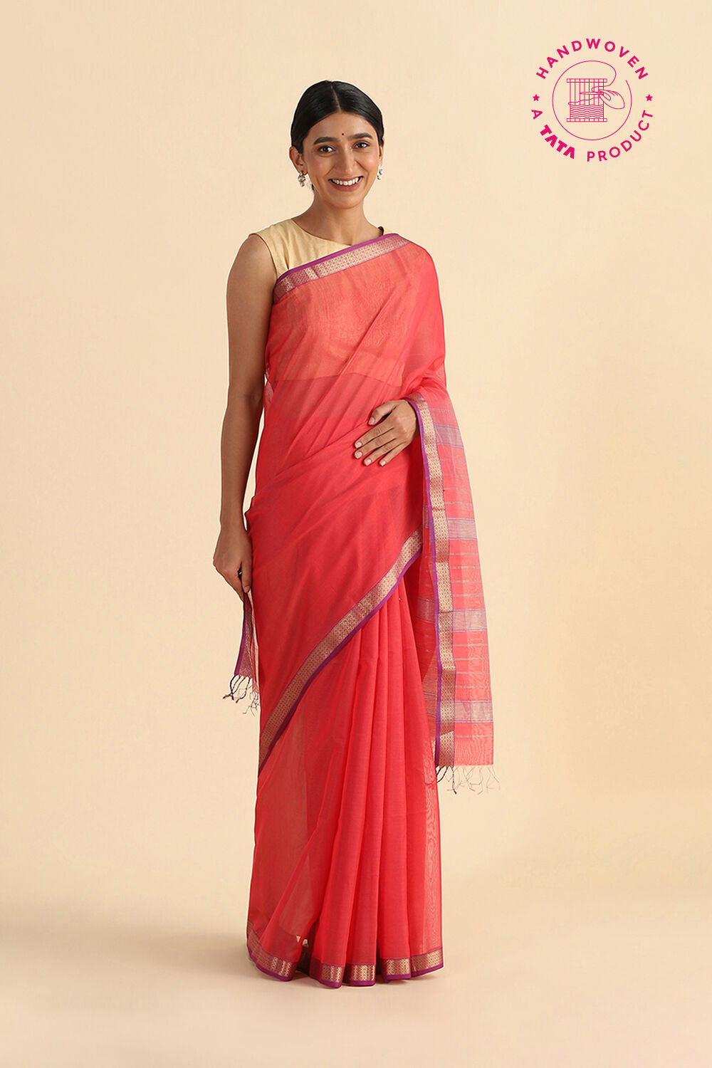 Red Handwoven Maheswari Pure Silk Cotton Saree image number null