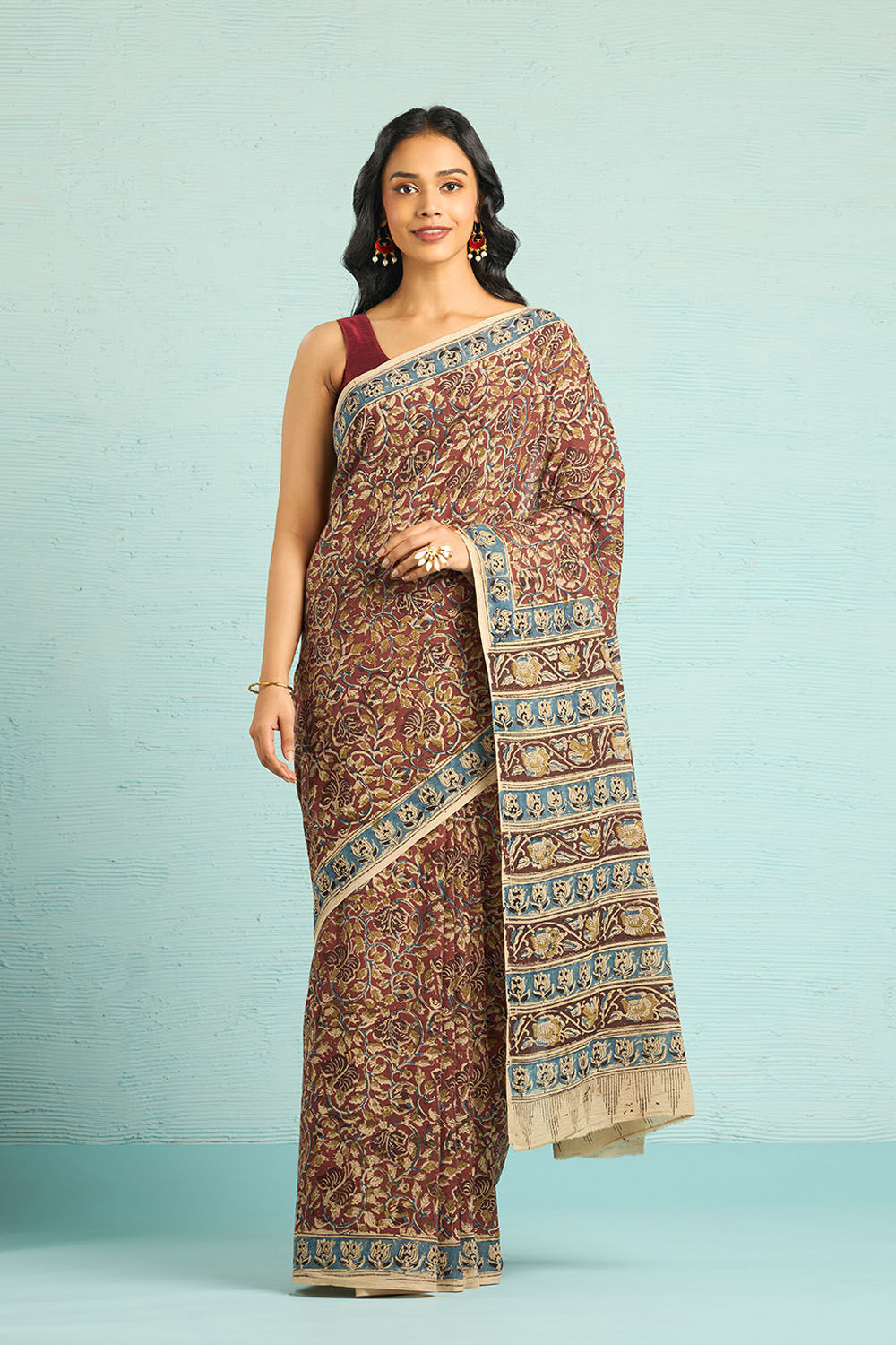 Red Printed Kalamkari Machilipatnam Pure Cotton Saree image number null