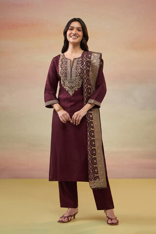 Dark Red Pure Viscose Embroidered Kurta Set thumbnail image number null