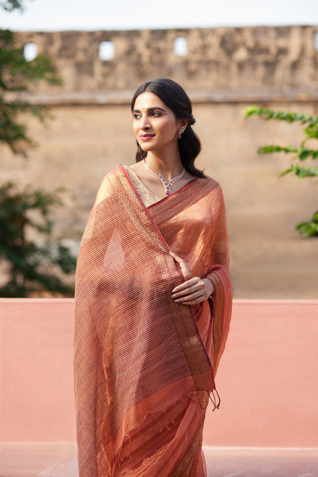 Orange Woven Pure Silk Tissue Maheswari Saree