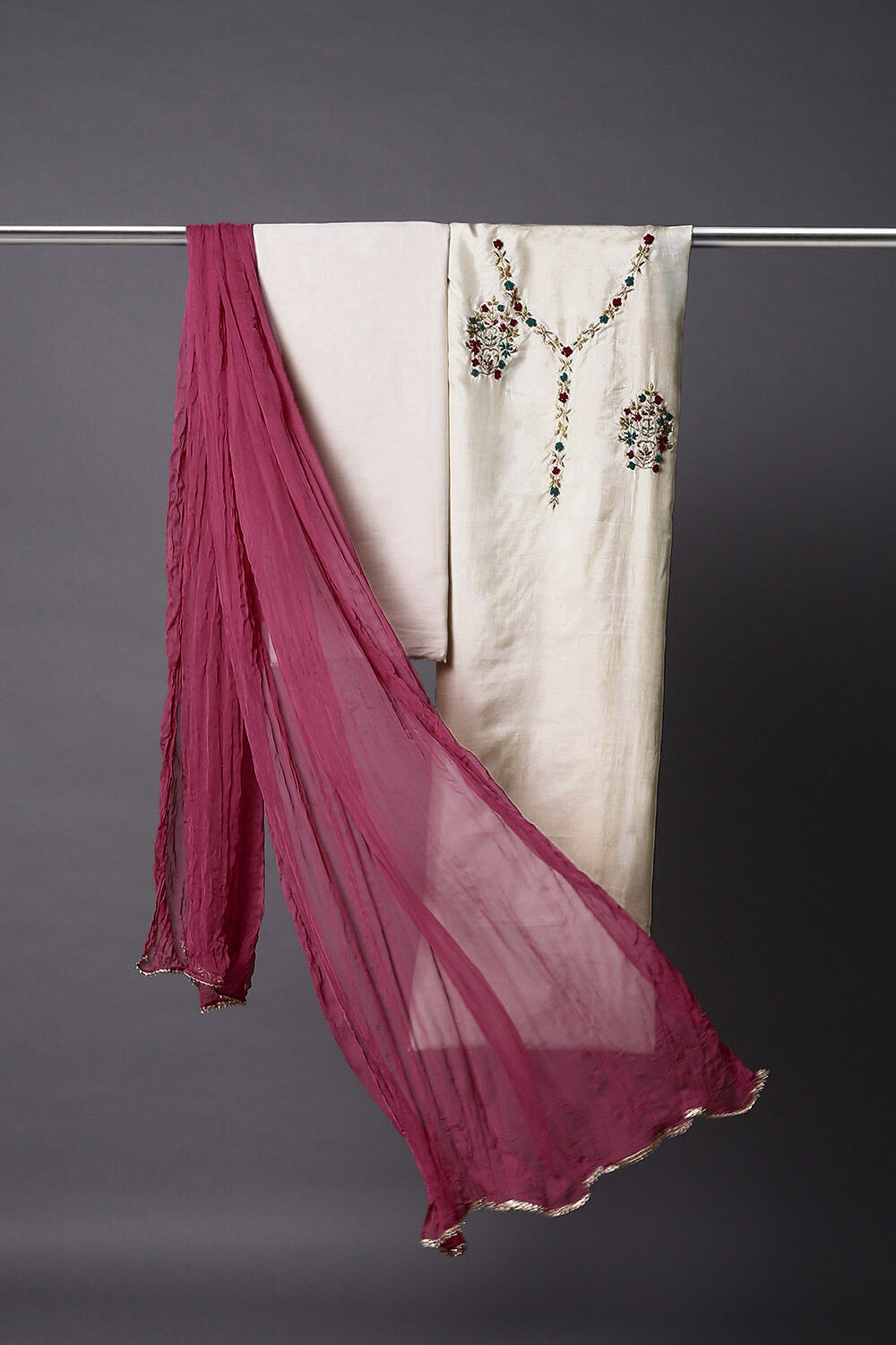 Off White Silk Chanderi Unstitched Suit Set image number null