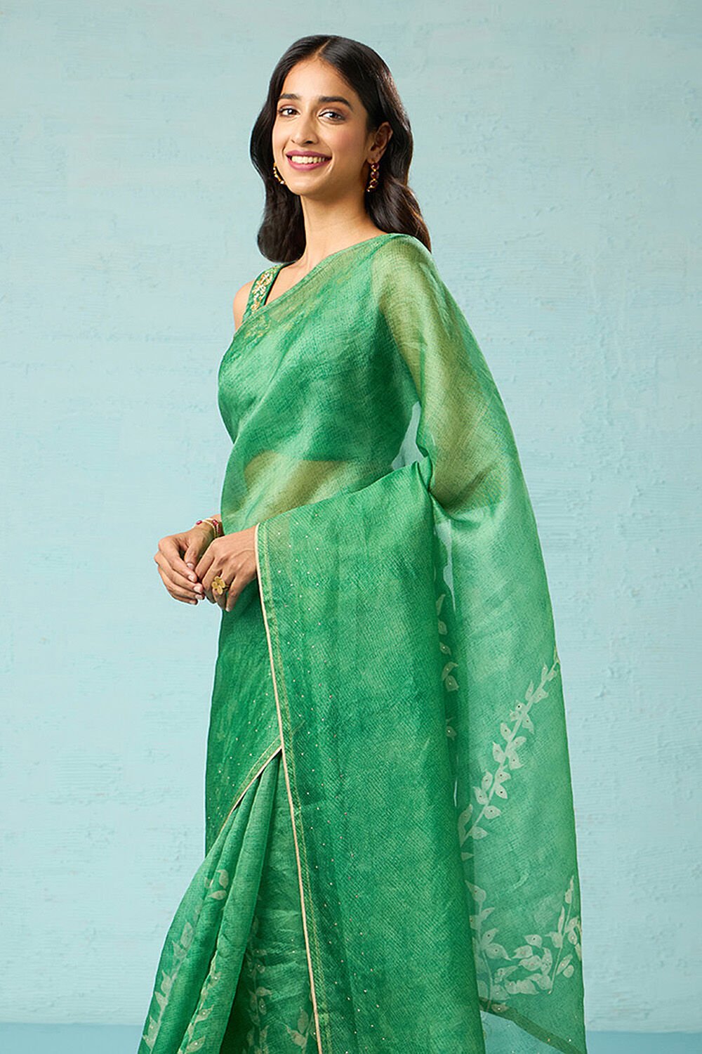 Green Pure Silk Organza Batik Saree image number null