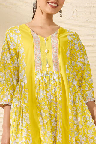 Yellow Pure Cotton Printed Sanganeri Dress thumbnail image number null