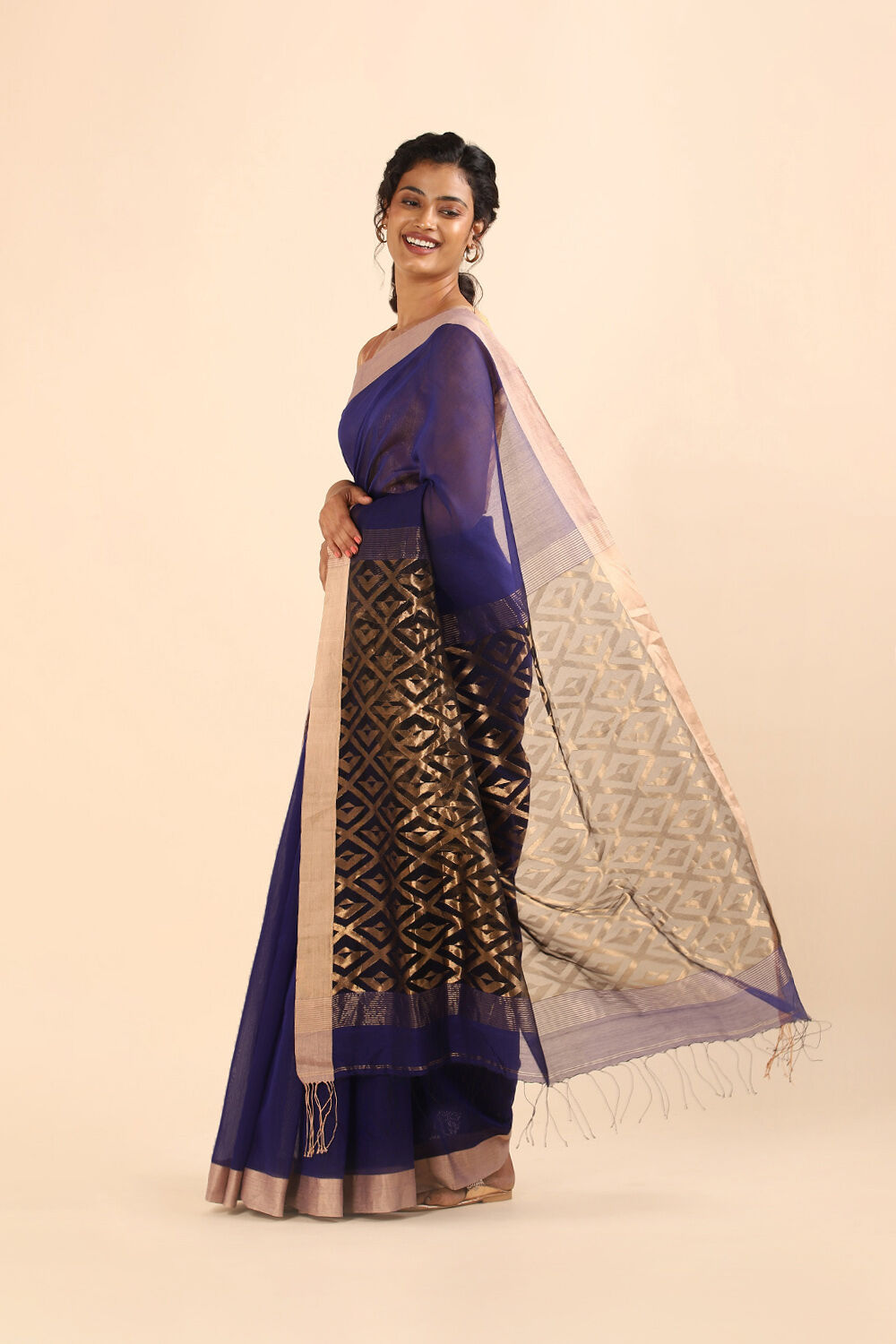 Dark Blue Pure Silk Cotton Bengal Saree image number null