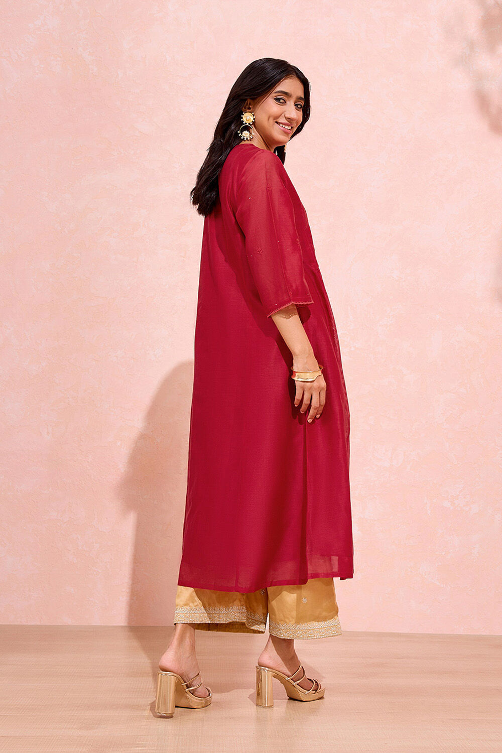 Dark Red Pure Silk Cotton Chikankari Kurta image number null