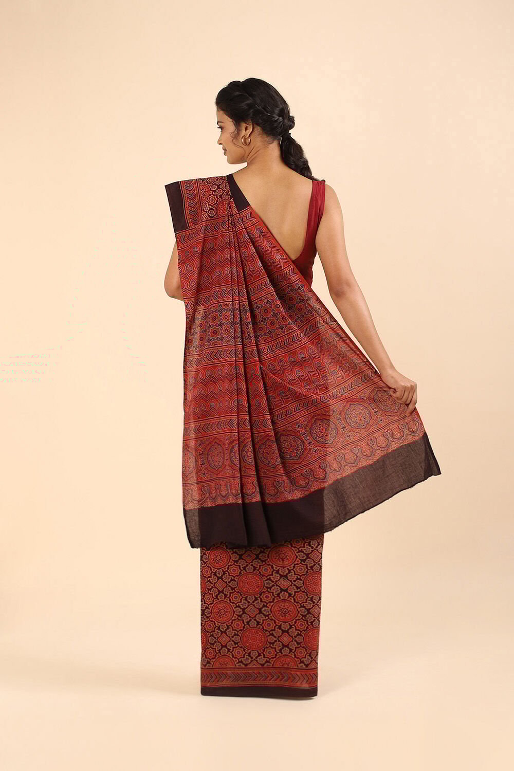 Red Pure Cotton Ajrakh Printed Saree image number null