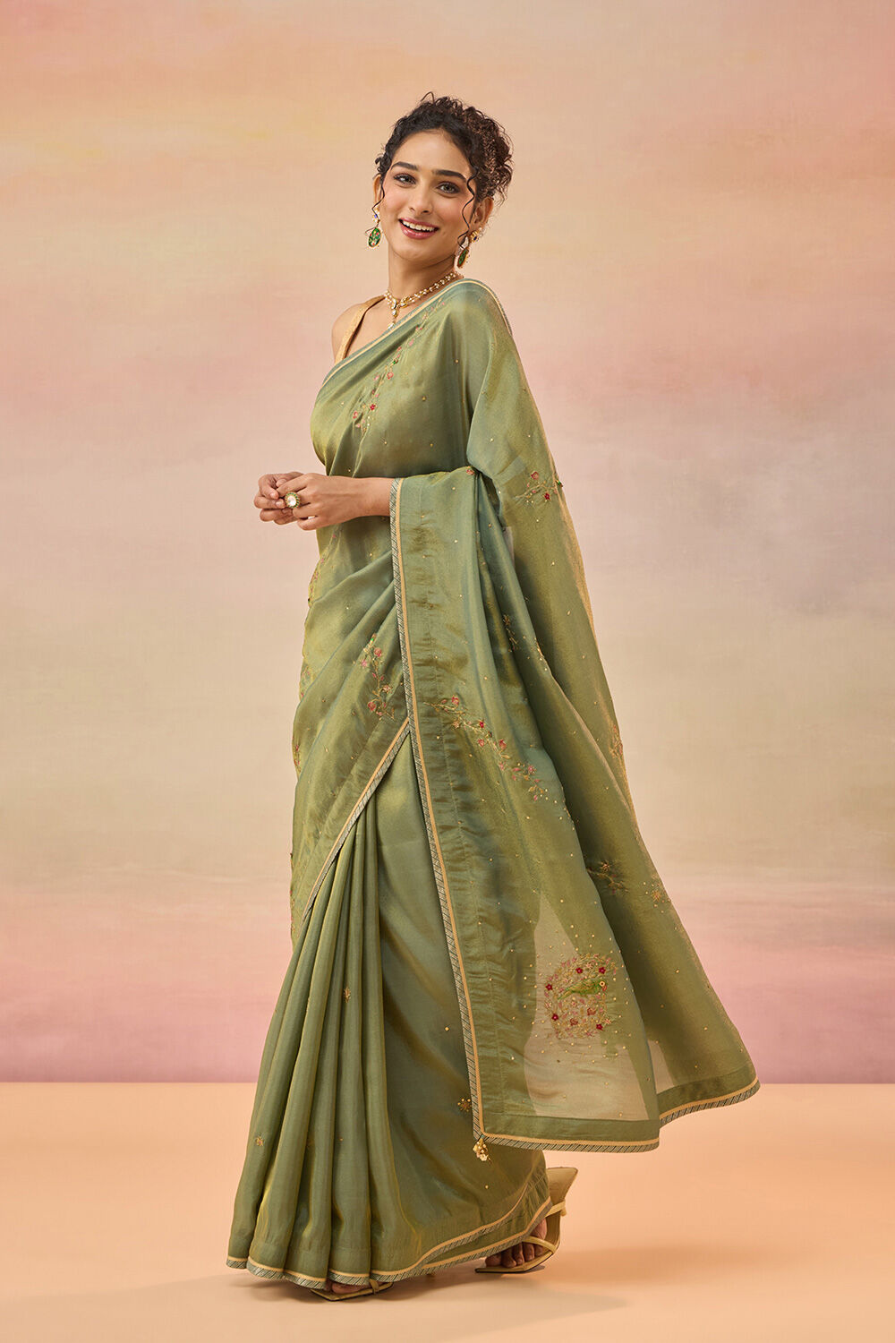 Green Viscose Tissue Embroidered Saree image number null