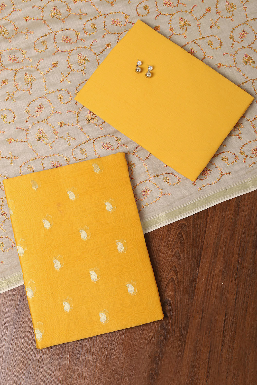 Yellow Silk Cotton Woven Unstitched Suit Set image number null
