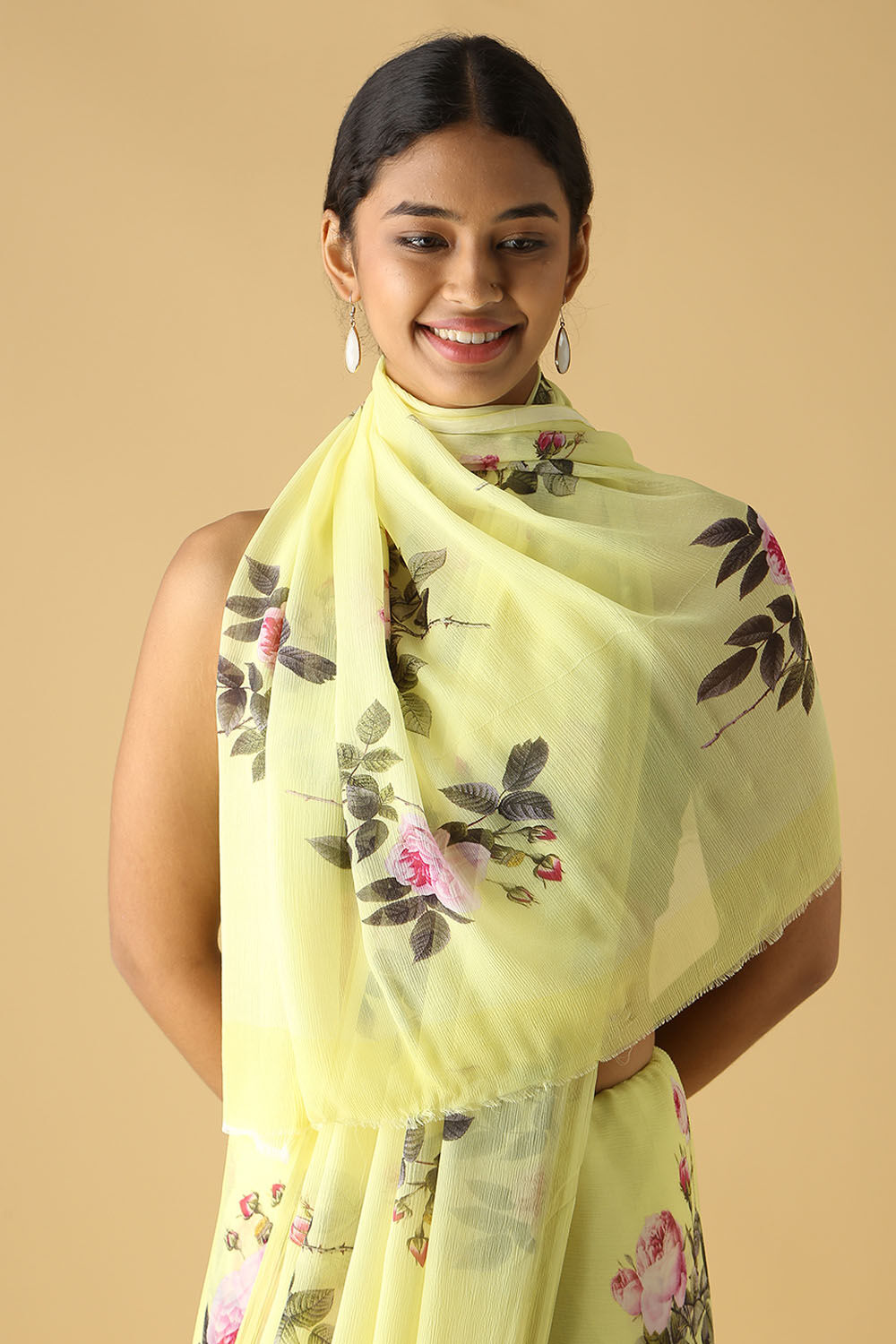 Light Yellow Pure Chiffon Digital Printed Saree image number null