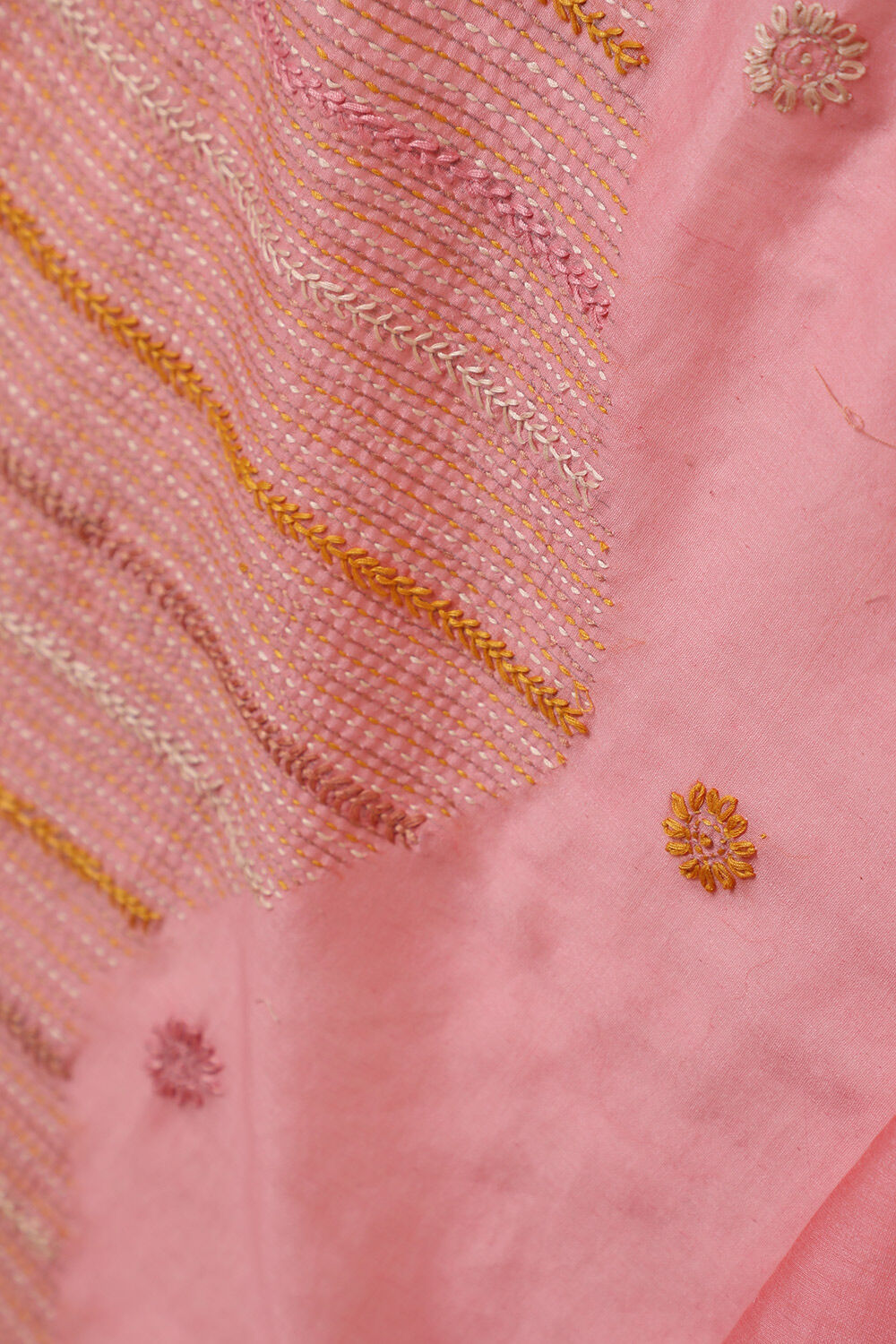 Pink Pure Silk Cotton Kantha Embroidered Bengal Saree image number null