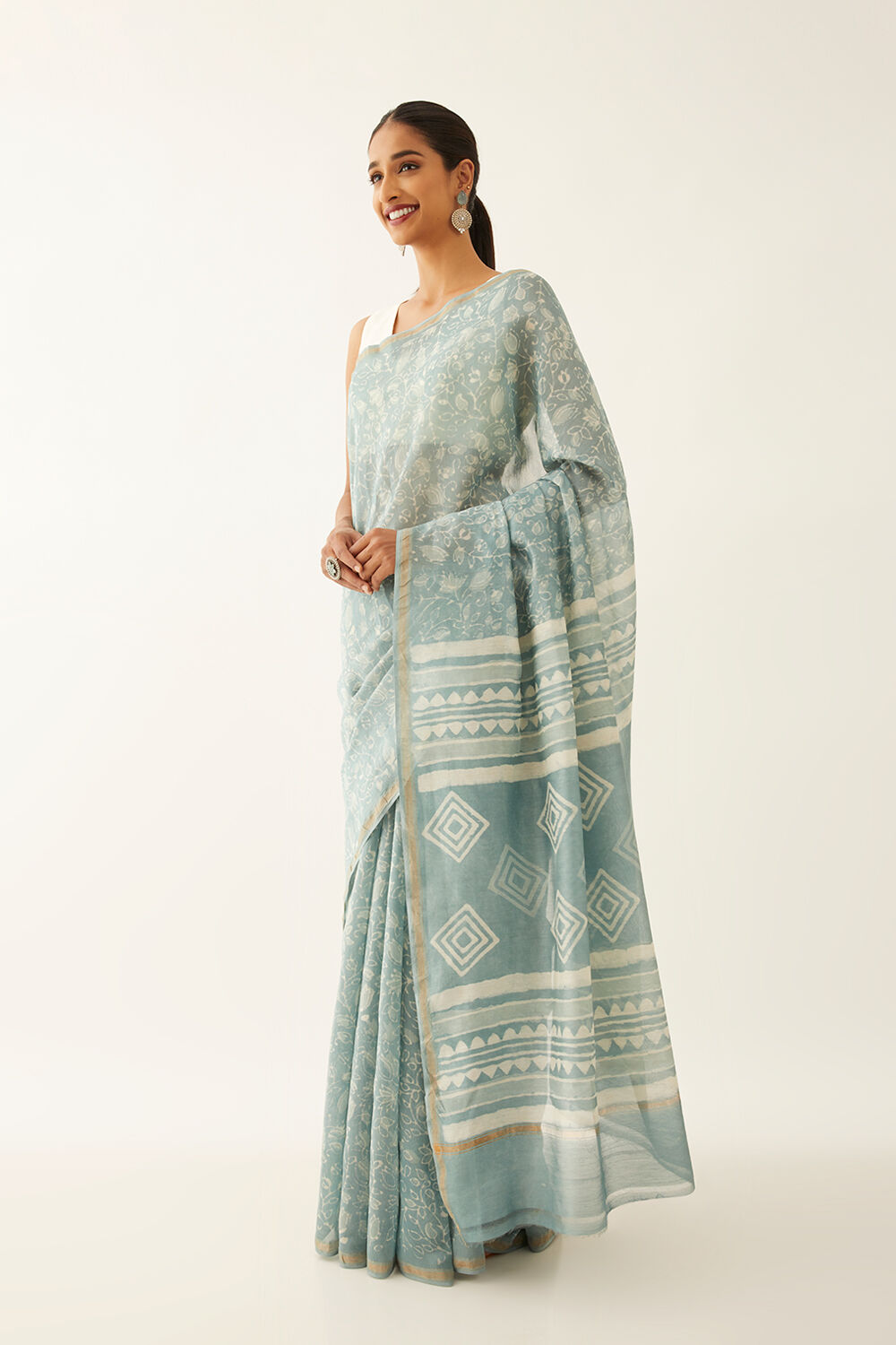 Grey Pure Silk Cotton Dabu Printed Saree image number null