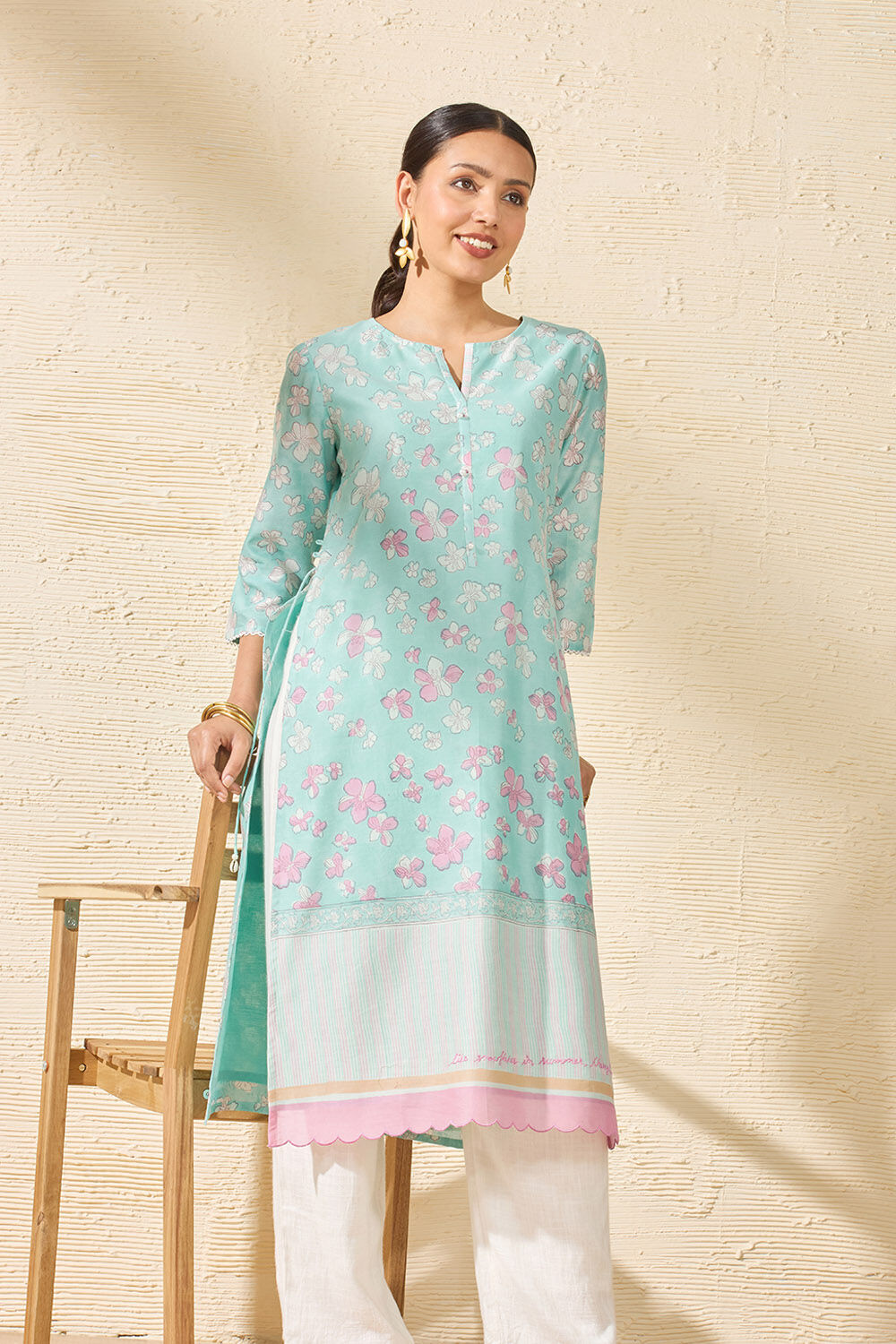 Light Blue Pure Silk Cotton Printed Sanganeri Kurta image number null