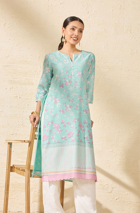 Light Blue Pure Silk Cotton Printed Sanganeri Kurta