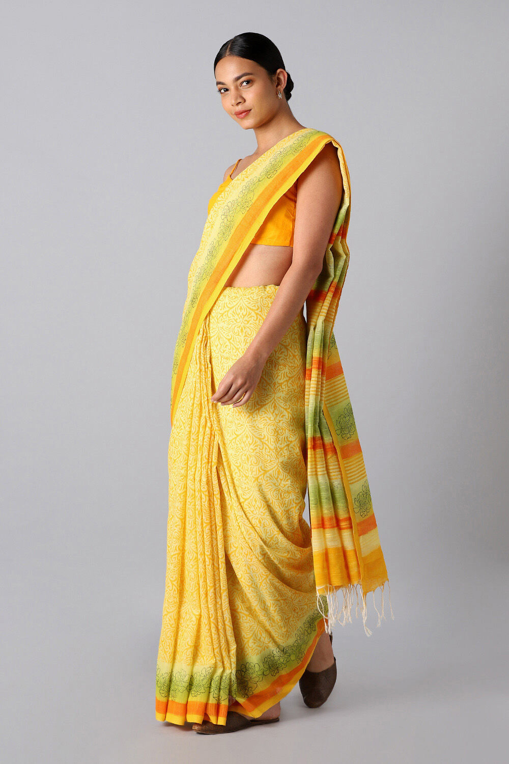 Yellow Pure Cotton Printed Saree image number null