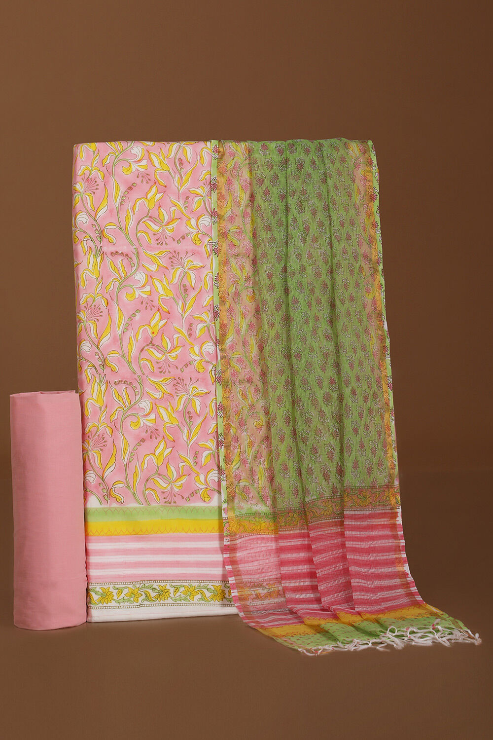 Light Pink Pure Cotton Printed Sanganeri Unstitched Suit Set image number null