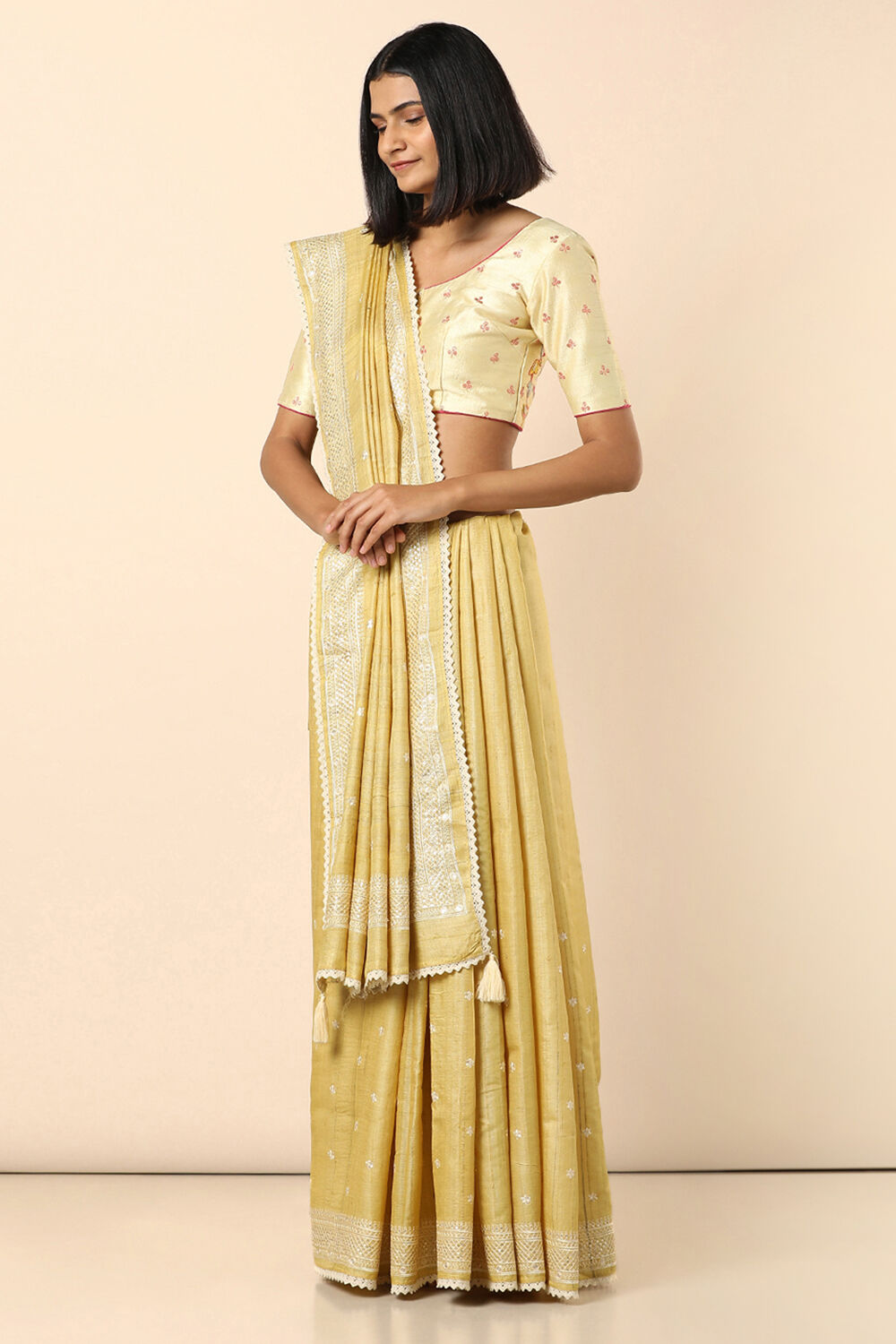 Yellow Pure Tussar Embroidered Saree image number null