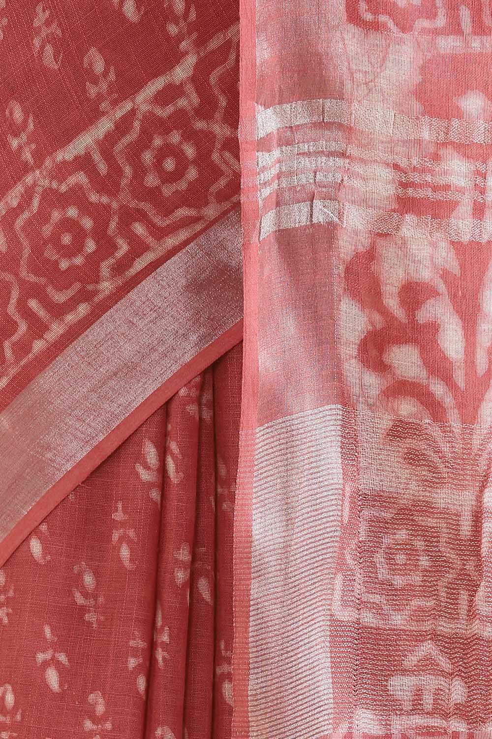 Pink Pure Cotton Linen Bagru Printed Saree image number null
