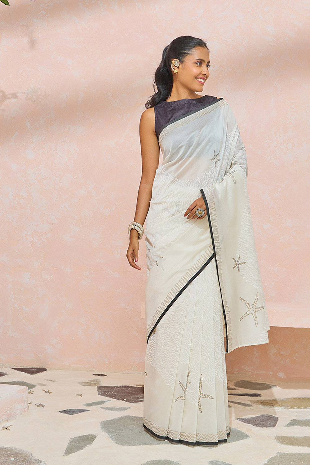 Off White Block Printed Pure Silk Cotton Saree image number null